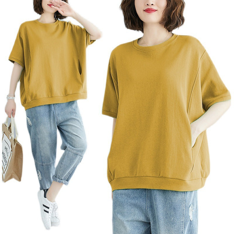 Plus Size Plus Fat Women's Clothing 100kg Summer Loose Large Size Flesh-Covering Slimming Look Top Pure Color Round Neck Short-Sleeved T-Shirt