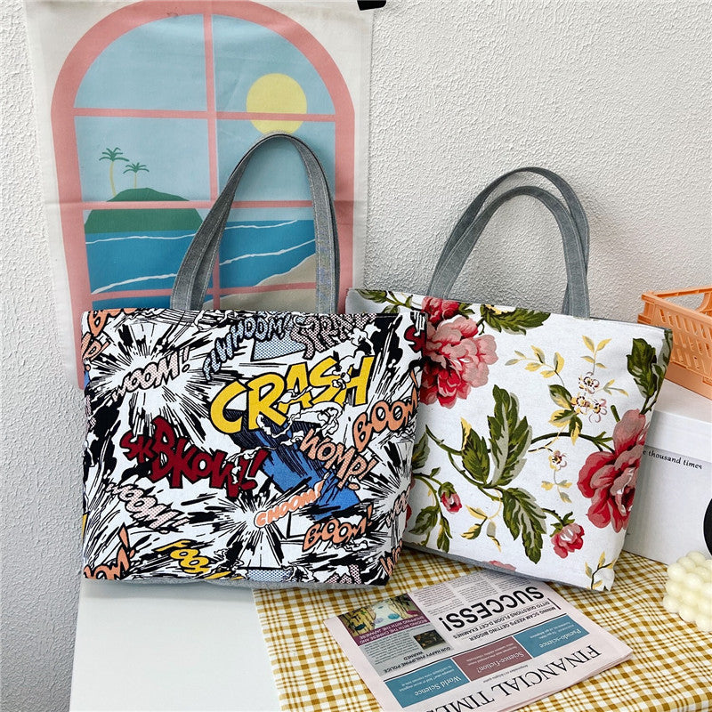 New Canvas Bag Large Capacity Shoulder Bag Women's Bag Printed Handbag Korean Style Tote Bag Literary Canvas Bag