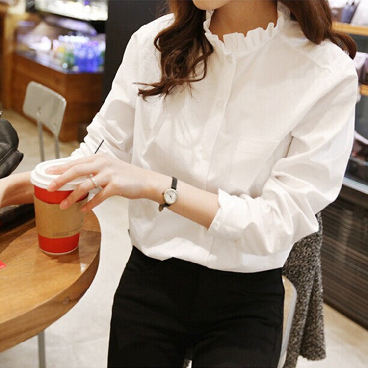 2026 New Korean Style Elegant Women's White Ruffled Stand-Collar Long-Sleeve Professional Shirt Loose Top