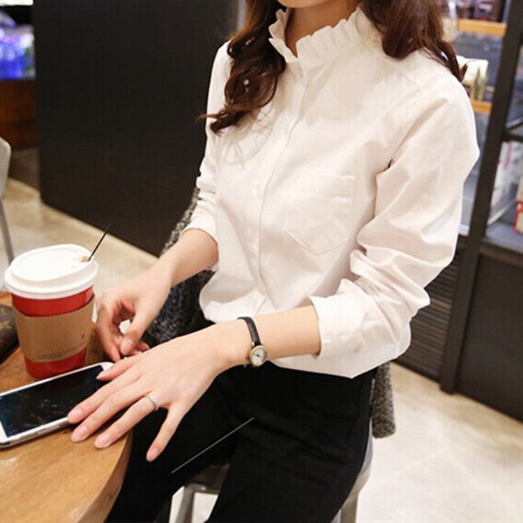 2026 New Korean Style Elegant Women's White Ruffled Stand-Collar Long-Sleeve Professional Shirt Loose Top