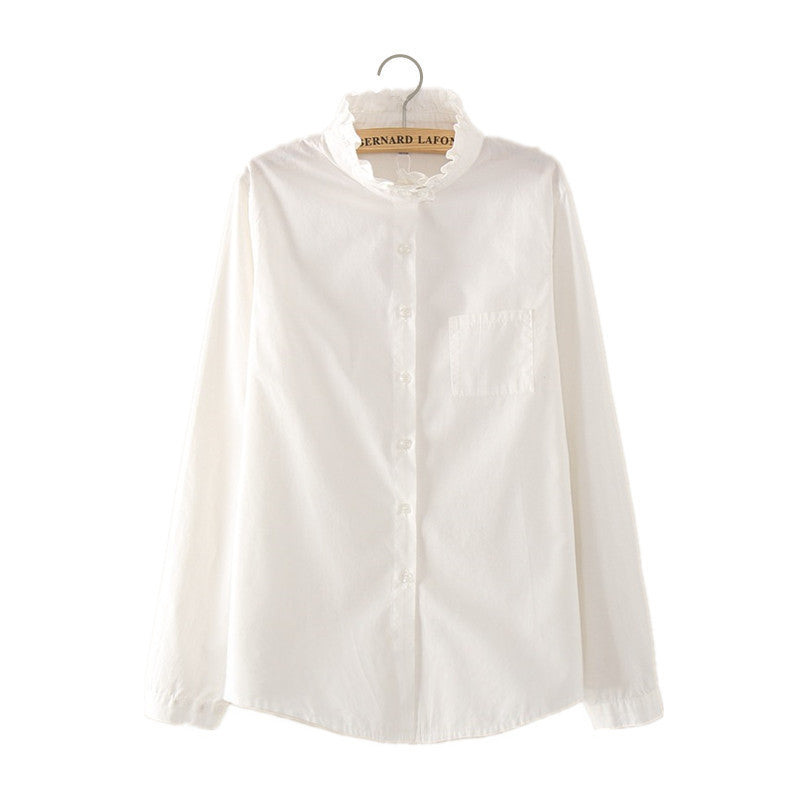 2026 New Korean Style Elegant Women's White Ruffled Stand-Collar Long-Sleeve Professional Shirt Loose Top