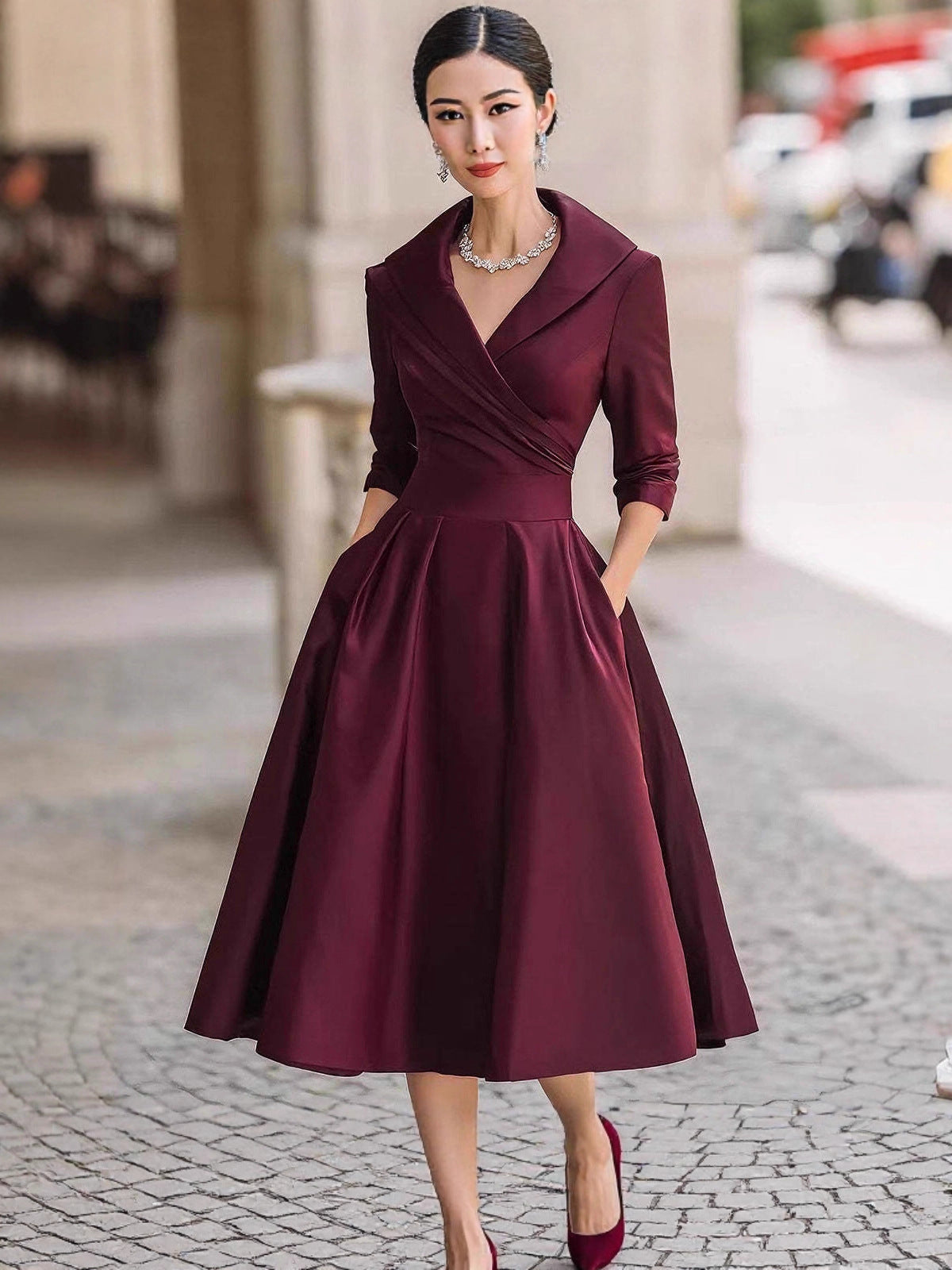 2025 New European and American Women's Clothing Amazon Xiyin Independent Website Elegant Formal Waist-Cinching Slimming Dress