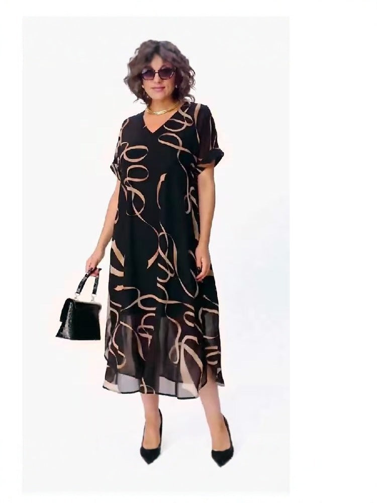 2025 European and American Fashion New Cross-Border Elegant Printed V Neck Dress Plus Size Women's Elegant Commuter Mid-Length Skirt