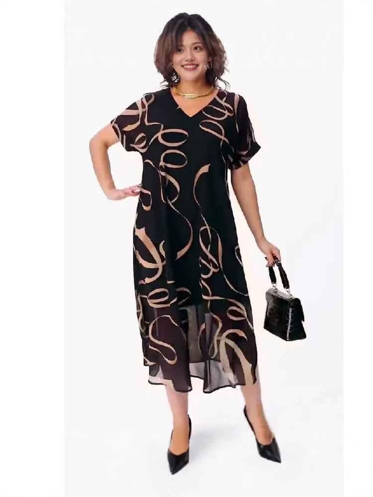 2025 European and American Fashion New Cross-Border Elegant Printed V Neck Dress Plus Size Women's Elegant Commuter Mid-Length Skirt