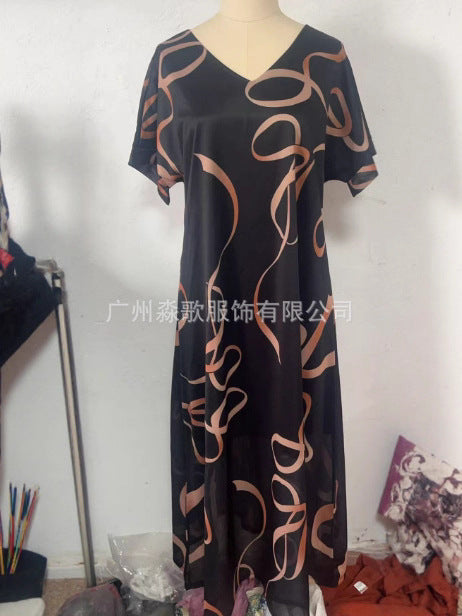 2025 European and American Fashion New Cross-Border Elegant Printed V Neck Dress Plus Size Women's Elegant Commuter Mid-Length Skirt
