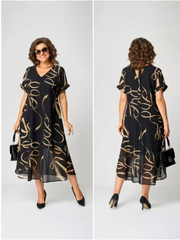 2025 European and American Fashion New Cross-Border Elegant Printed V Neck Dress Plus Size Women's Elegant Commuter Mid-Length Skirt