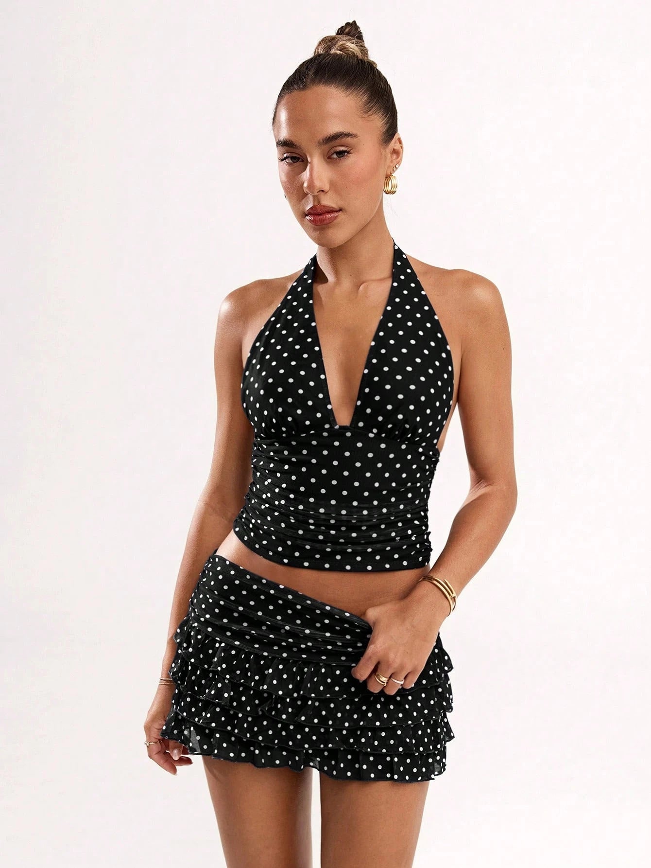 D9794 Amazon European and American Hot-Selling Women's Clothing Sexy Polka Dot Print Halterneck Vest and Ear-Hemmed Skirt Suit