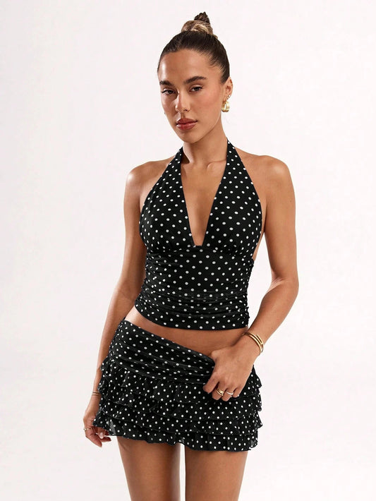 D9794 Amazon European and American Hot-Selling Women's Clothing Sexy Polka Dot Print Halterneck Vest and Ear-Hemmed Skirt Suit