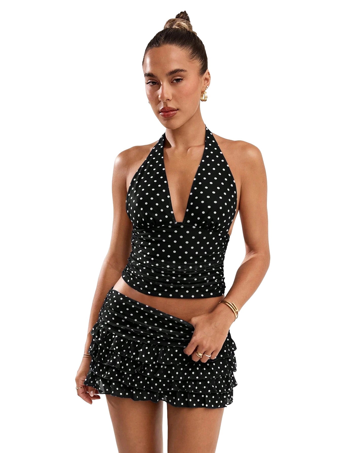 D9794 Amazon European and American Hot-Selling Women's Clothing Sexy Polka Dot Print Halterneck Vest and Ear-Hemmed Skirt Suit