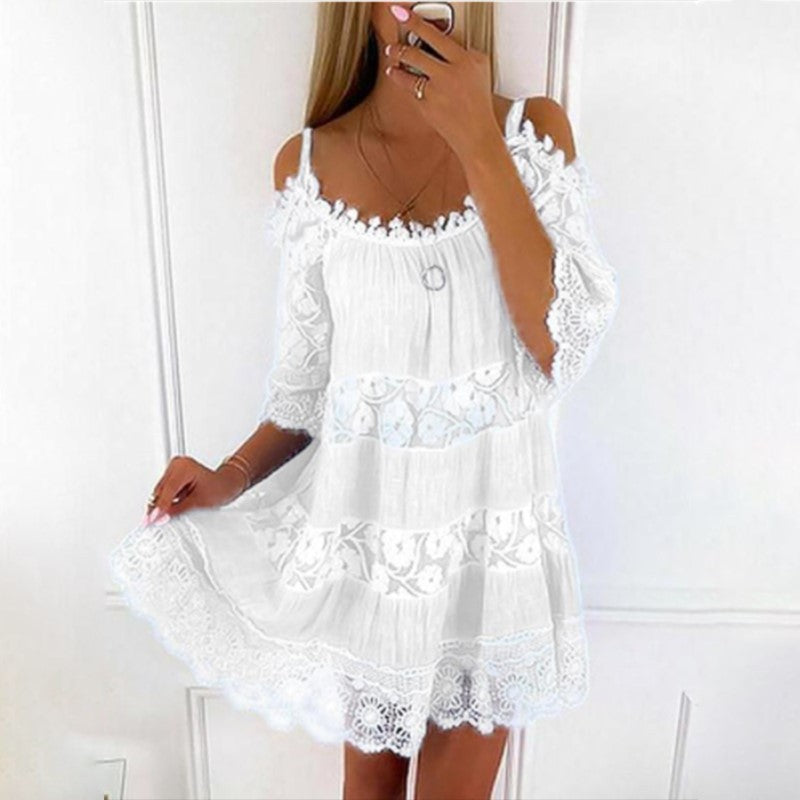 Cross-Border Amazon Princess Style European and American Dress Off-Shoulder Lace Suspender Skirt Fashionable Solid Color Loose Dress