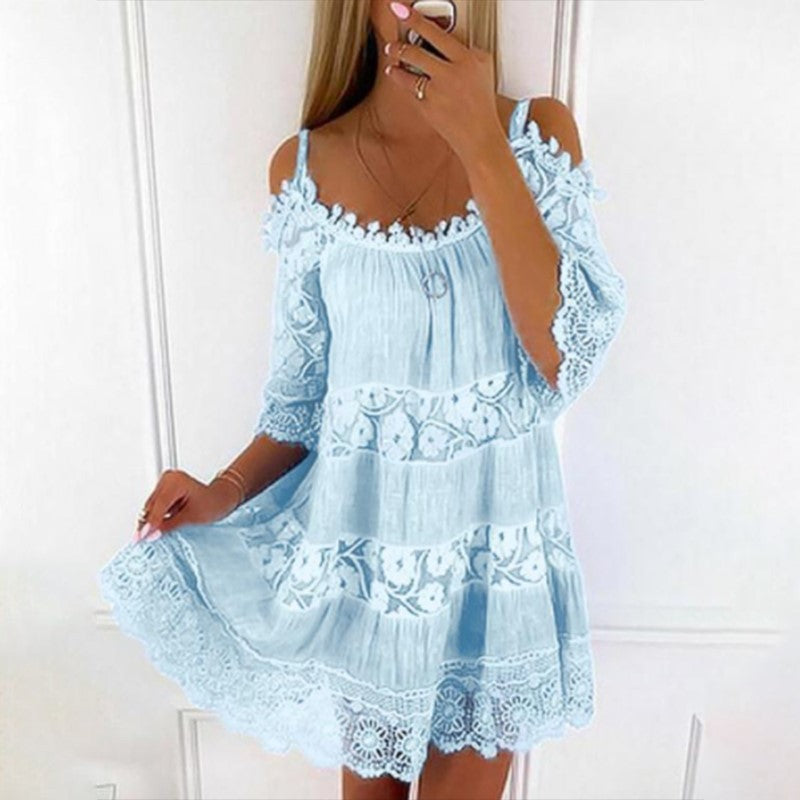 Cross-Border Amazon Princess Style European and American Dress Off-Shoulder Lace Suspender Skirt Fashionable Solid Color Loose Dress