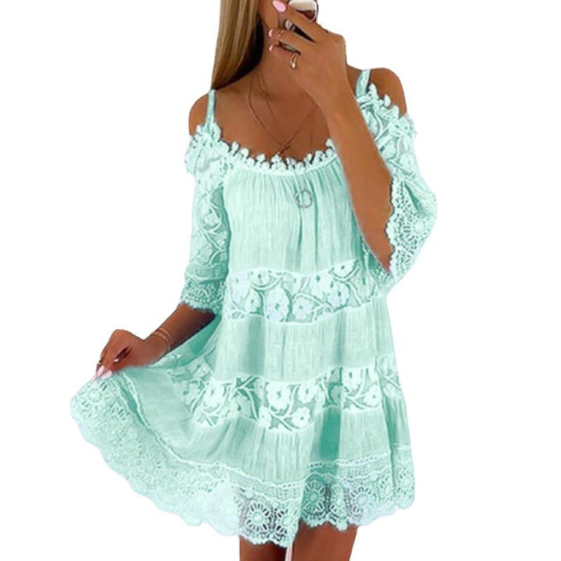 Cross-Border Amazon Princess Style European and American Dress Off-Shoulder Lace Suspender Skirt Fashionable Solid Color Loose Dress