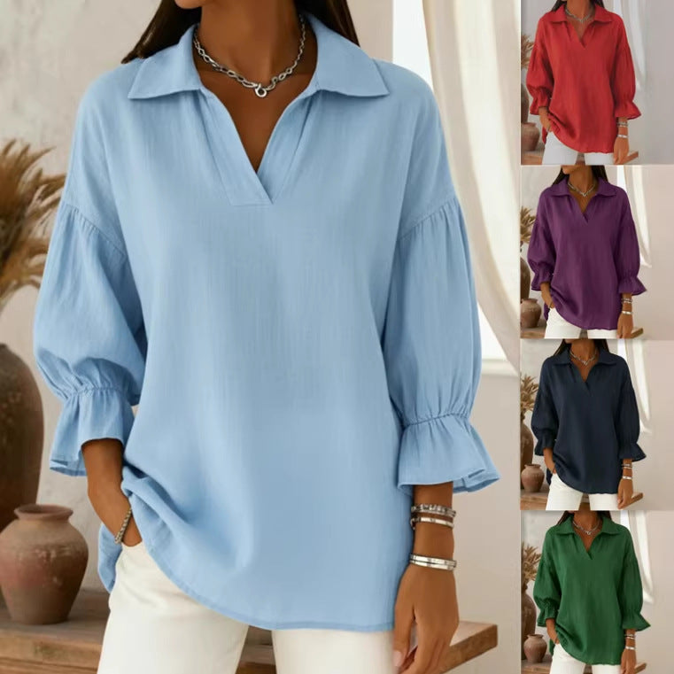 European and American Amazon Cross-Border Foreign Trade Women's Spring and Autumn New Solid Color Casual Loose Fashion Turn-Down Collar Long-Sleeve Top