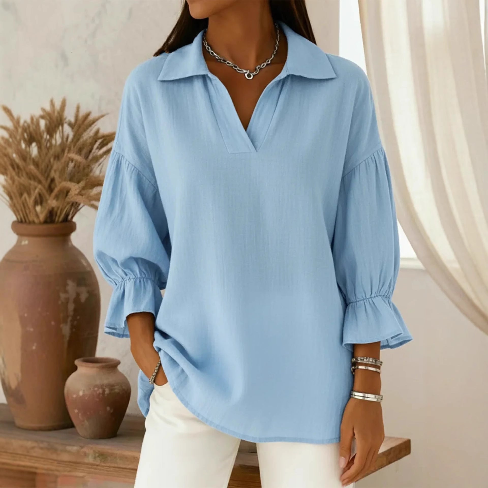 European and American Amazon Cross-Border Foreign Trade Women's Spring and Autumn New Solid Color Casual Loose Fashion Turn-Down Collar Long-Sleeve Top