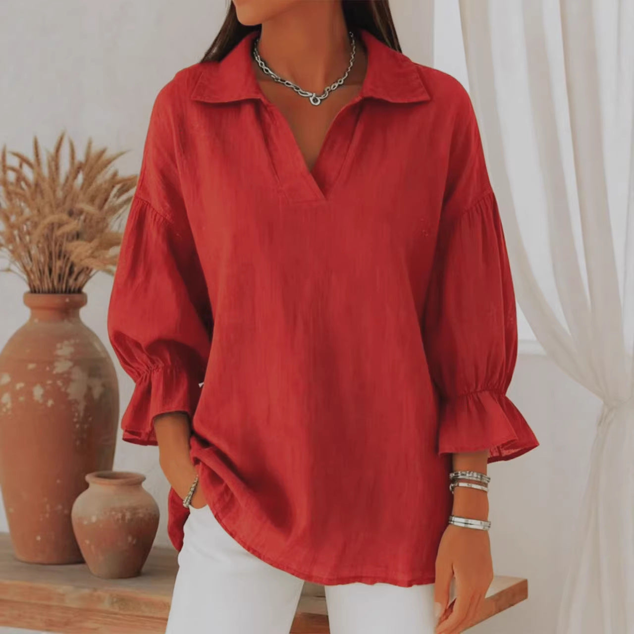 European and American Amazon Cross-Border Foreign Trade Women's Spring and Autumn New Solid Color Casual Loose Fashion Turn-Down Collar Long-Sleeve Top