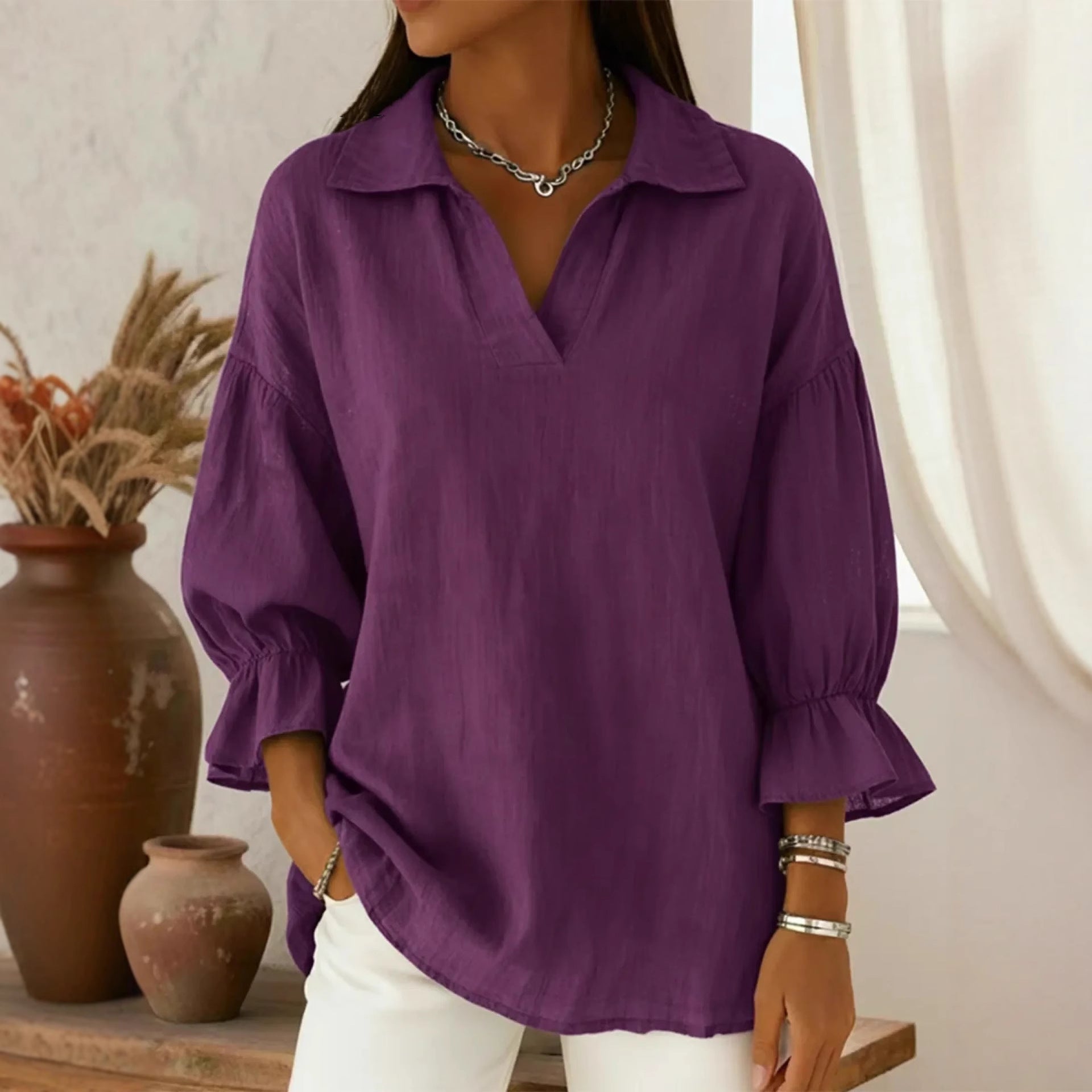 European and American Amazon Cross-Border Foreign Trade Women's Spring and Autumn New Solid Color Casual Loose Fashion Turn-Down Collar Long-Sleeve Top
