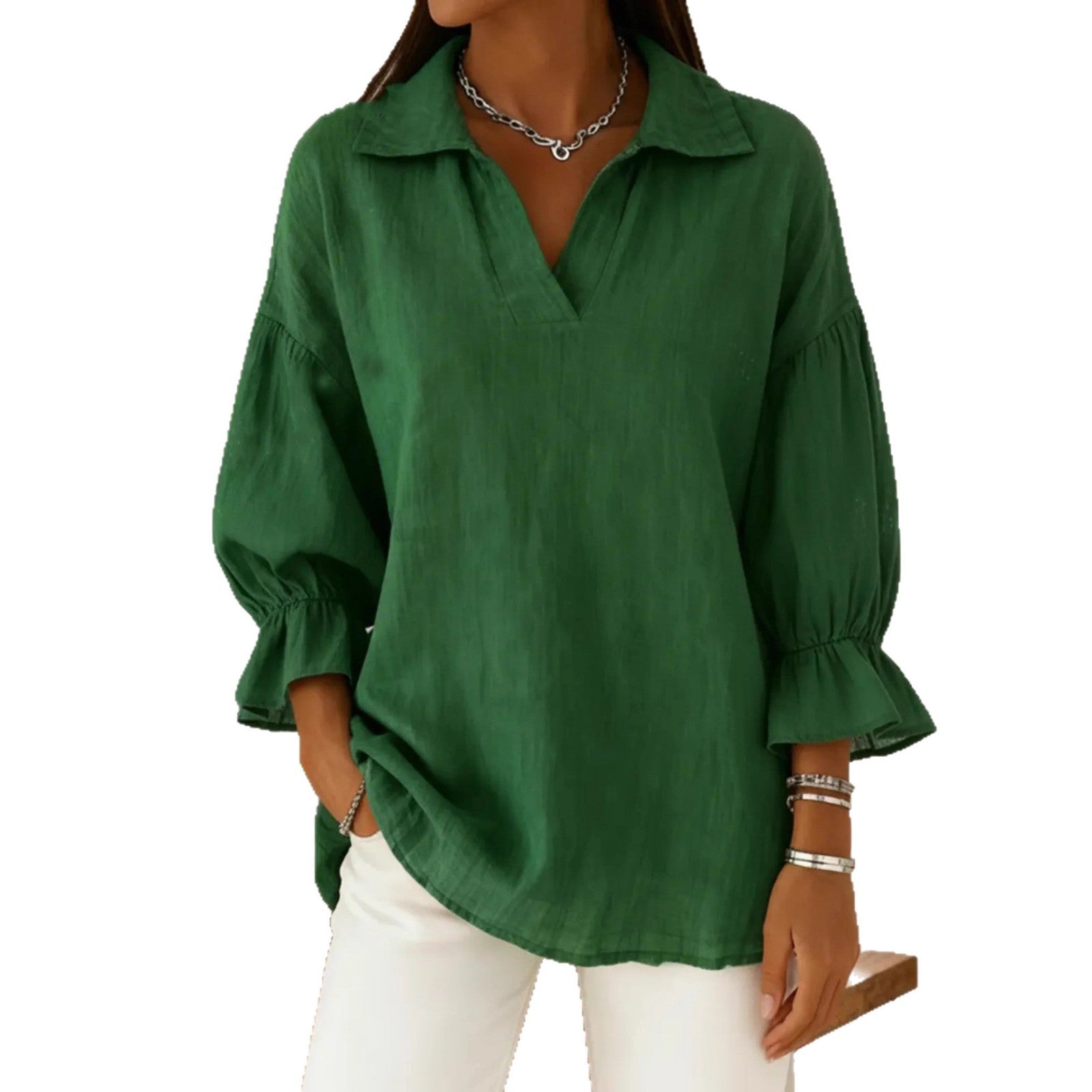 European and American Amazon Cross-Border Foreign Trade Women's Spring and Autumn New Solid Color Casual Loose Fashion Turn-Down Collar Long-Sleeve Top