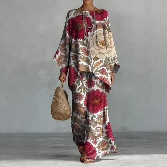 European and American Independent Station 26 New Y2 round Neck Batwing Sleeve Printing Suit Bohemian Style Lazy Casual Two-Piece Suit