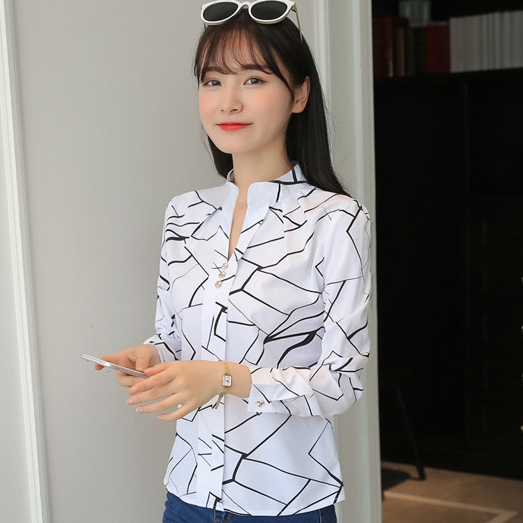 Wholesale Foreign Trade Spring and Autumn Clothing, Stylish Casual Striped Long-Sleeve Shirt, Loose White Stand-Up Collar Top, Women's Pullover