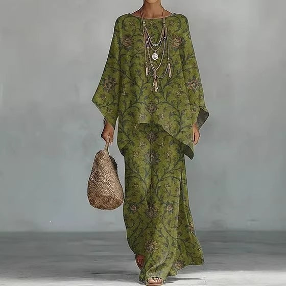European and American Independent Station 26 New Y2 round Neck Batwing Sleeve Printing Suit Bohemian Style Lazy Casual Two-Piece Suit