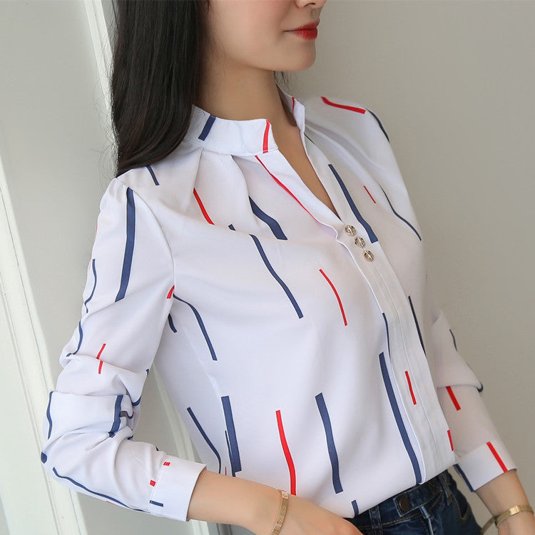 Wholesale Foreign Trade Spring and Autumn Clothing, Stylish Casual Striped Long-Sleeve Shirt, Loose White Stand-Up Collar Top, Women's Pullover