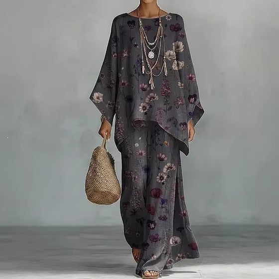 European and American Independent Station 26 New Y2 round Neck Batwing Sleeve Printing Suit Bohemian Style Lazy Casual Two-Piece Suit