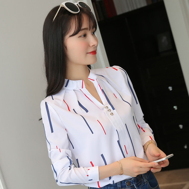 Wholesale Foreign Trade Spring and Autumn Clothing, Stylish Casual Striped Long-Sleeve Shirt, Loose White Stand-Up Collar Top, Women's Pullover