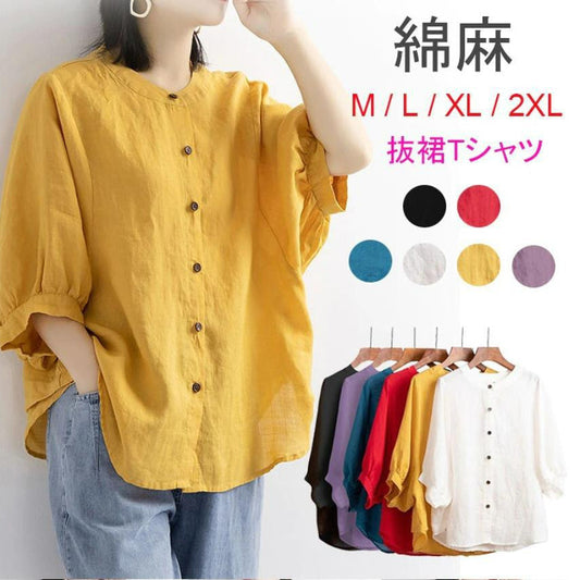 2026 Spring/Summer New Cotton and Linen Shirt Women's Lantern Sleeve Vintage Artistic Top Plus Size Loose Mid-Sleeve Shirt for Women