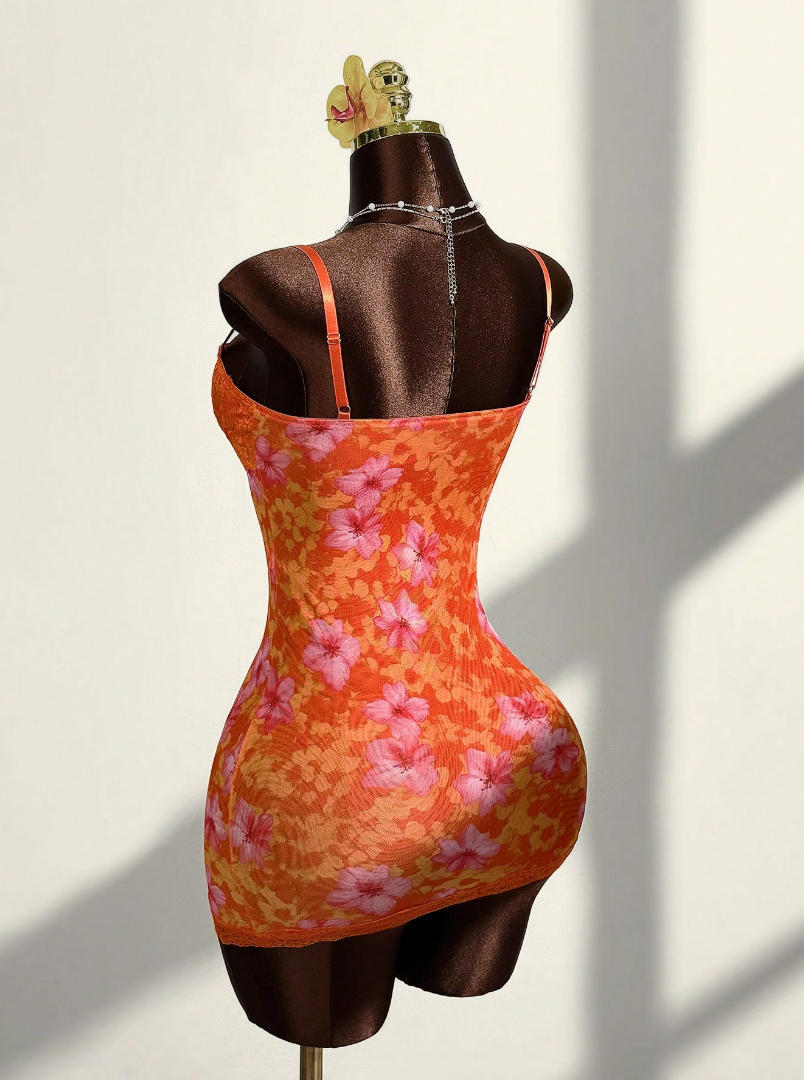 2025 Cross-Border Amazon Sexy Lace Suspender Skirt Waist Retro Print Backless Floral Hip Skirt Fragmented Dress