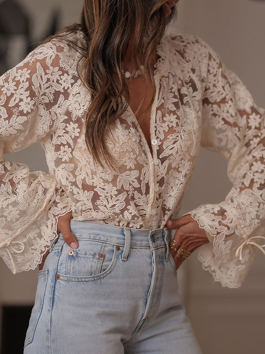 European and American Cross-Border 2025 Japanese and Korean Export Women's Clothing K-Style New Cut Out Casual Lace Shirt Lace Shirt for Women