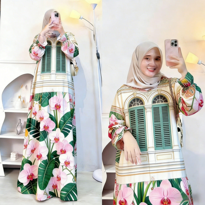 Bohemian Style Vintage Architecture Butterfly Orchid Long Dress Loose Lantern Sleeve Muslim Dress