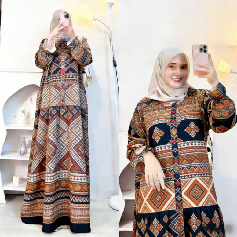 Bohemian Style Vintage Architecture Butterfly Orchid Long Dress Loose Lantern Sleeve Muslim Dress