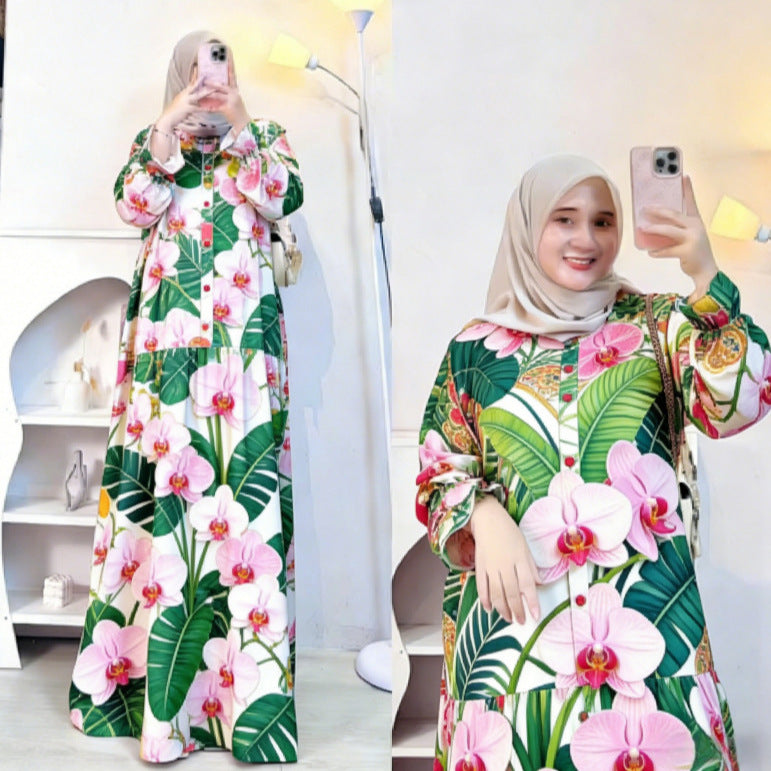 Bohemian Style Vintage Architecture Butterfly Orchid Long Dress Loose Lantern Sleeve Muslim Dress