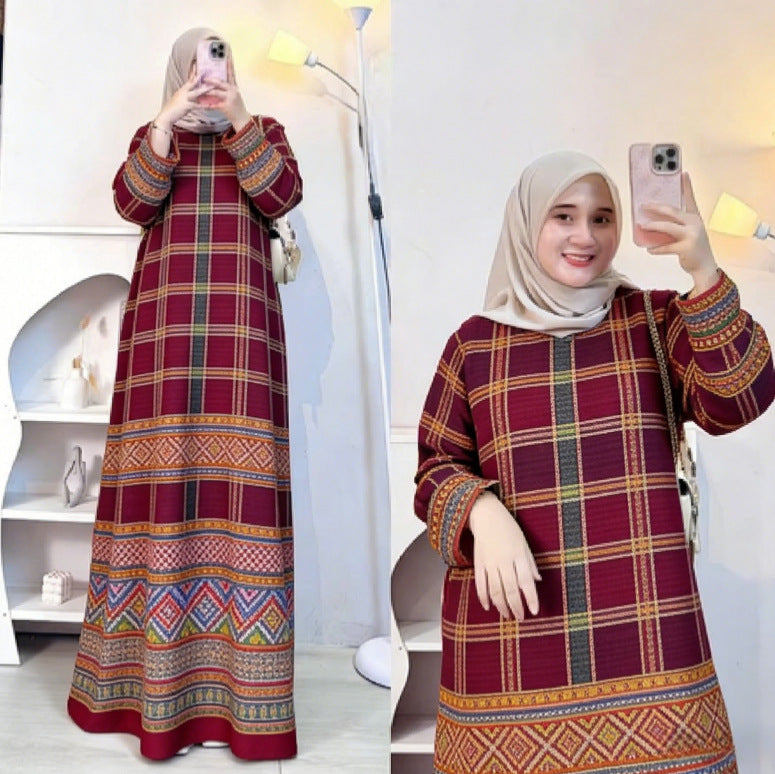 Bohemian Style Vintage Architecture Butterfly Orchid Long Dress Loose Lantern Sleeve Muslim Dress