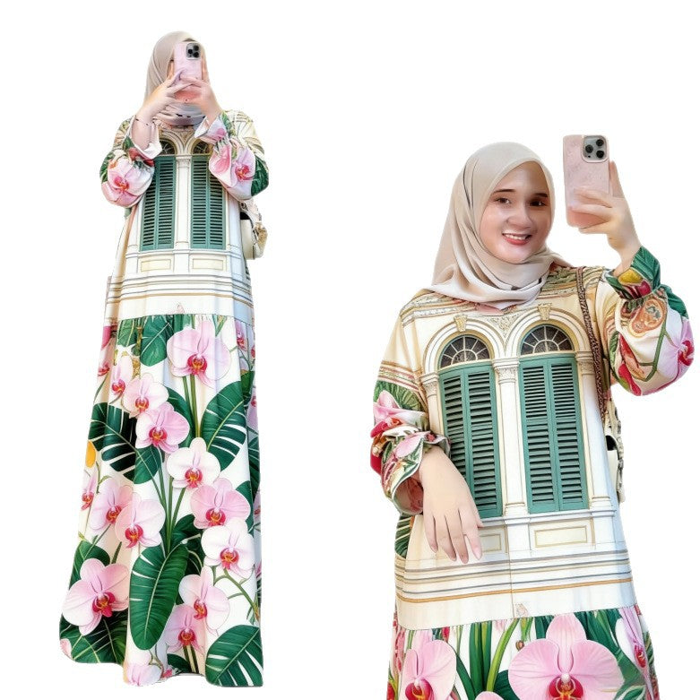 Bohemian Style Vintage Architecture Butterfly Orchid Long Dress Loose Lantern Sleeve Muslim Dress