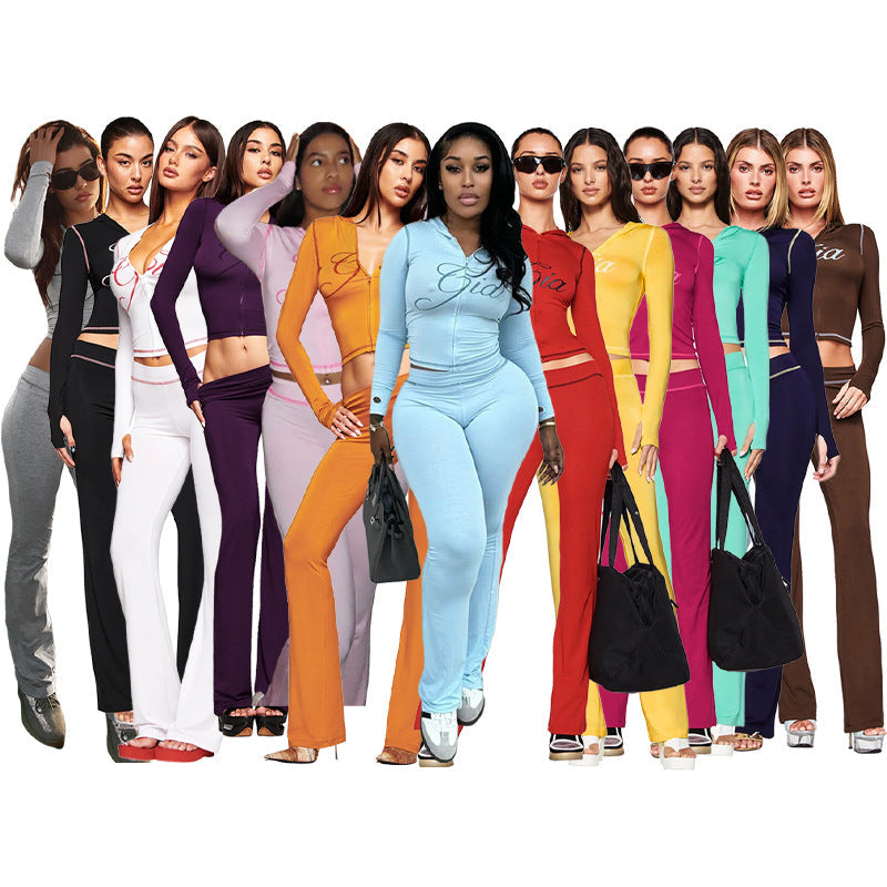 Hr25071 European and American Fashion Women's Cross-Border Supply Printed Hooded Long-Sleeved Thumb Buckle Micro-Flared Two-Piece Suit