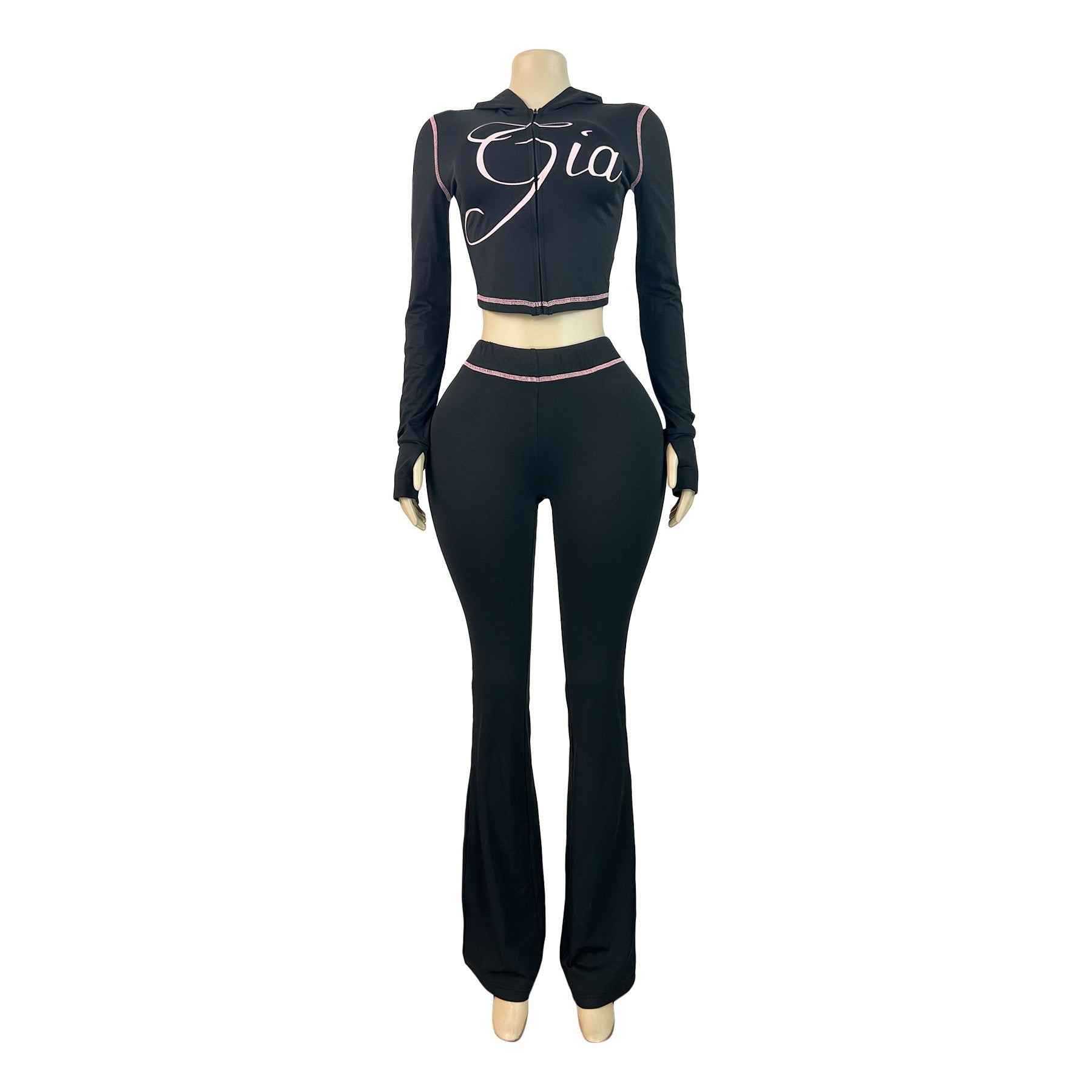 Hr25071 European and American Fashion Women's Cross-Border Supply Printed Hooded Long-Sleeved Thumb Buckle Micro-Flared Two-Piece Suit