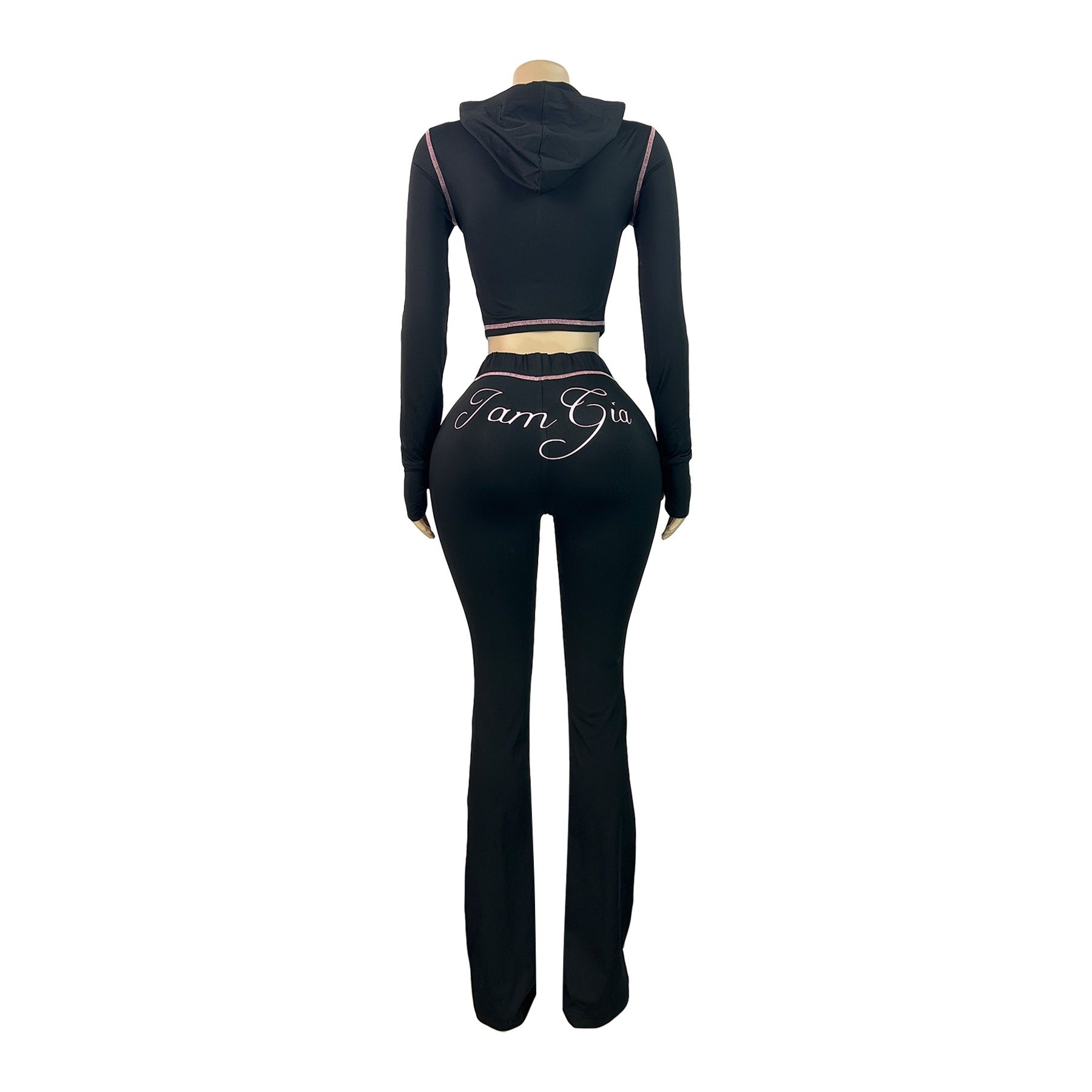 Hr25071 European and American Fashion Women's Cross-Border Supply Printed Hooded Long-Sleeved Thumb Buckle Micro-Flared Two-Piece Suit