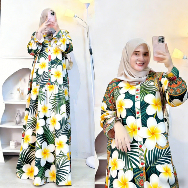 Bohemian Style Fruit Print Muslim Long Dress Loose Lantern Sleeve Stand Collar Dress Source Factory