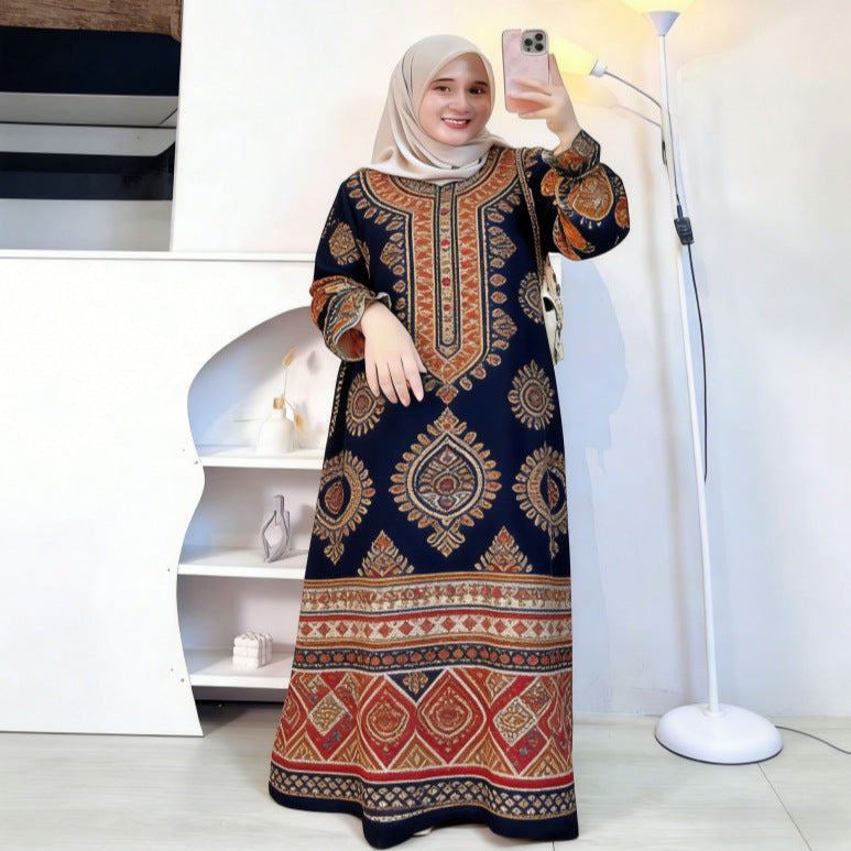 Bohemian Style Fruit Print Muslim Long Dress Loose Lantern Sleeve Stand Collar Dress Source Factory