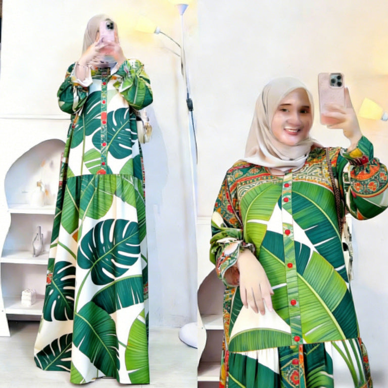 Bohemian Style Fruit Print Muslim Long Dress Loose Lantern Sleeve Stand Collar Dress Source Factory