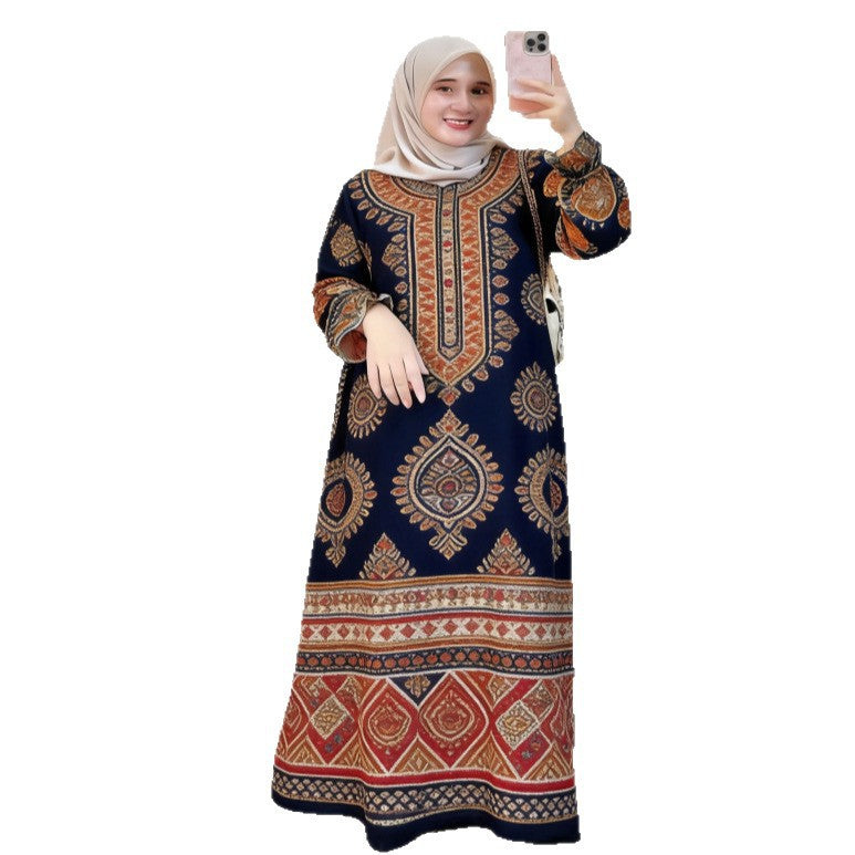 Bohemian Style Fruit Print Muslim Long Dress Loose Lantern Sleeve Stand Collar Dress Source Factory