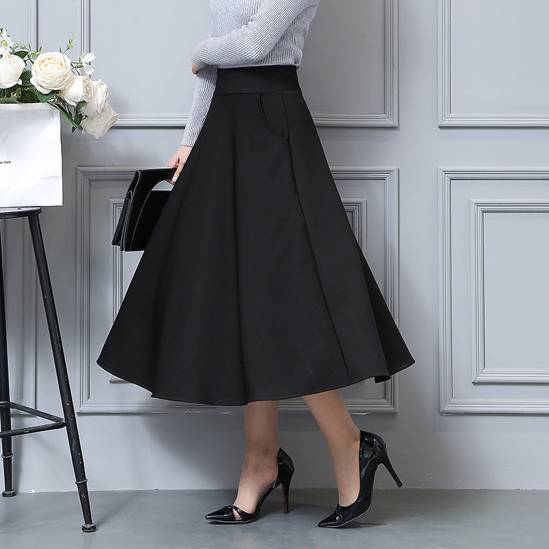 New autumn and winter Korean style pocket over-the-knee long skirt high waist slimming A- shaped skirt elegant pleated skirt all-match skirt fashion