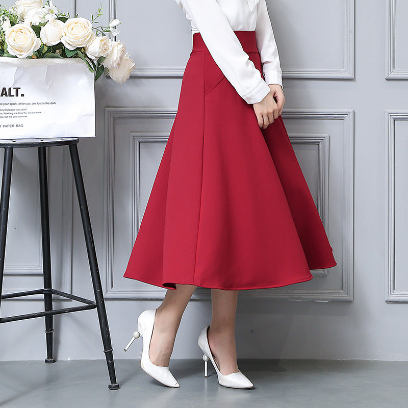 New autumn and winter Korean style pocket over-the-knee long skirt high waist slimming A- shaped skirt elegant pleated skirt all-match skirt fashion