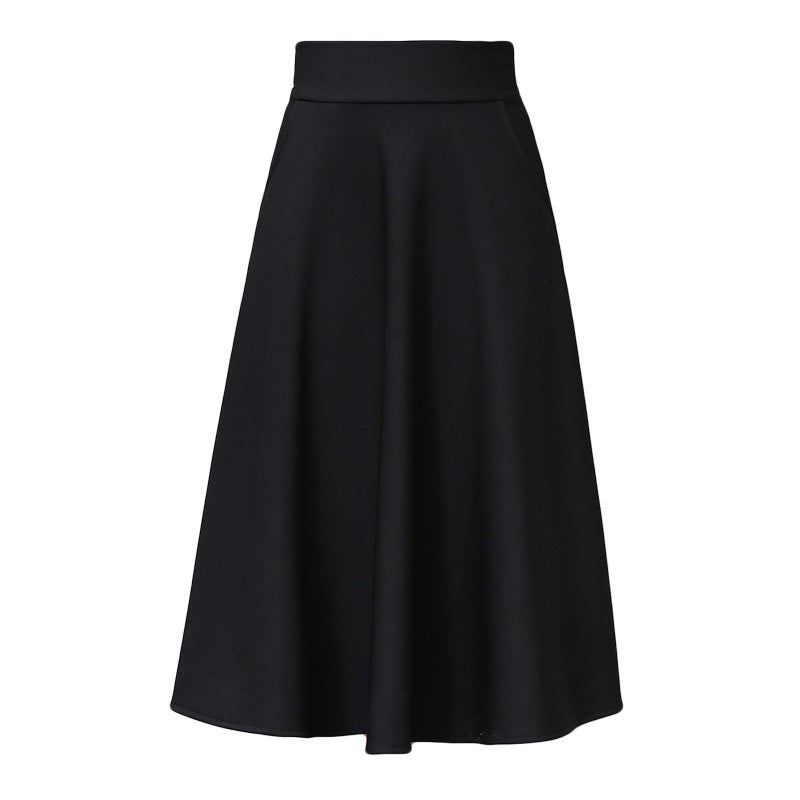 New autumn and winter Korean style pocket over-the-knee long skirt high waist slimming A- shaped skirt elegant pleated skirt all-match skirt fashion