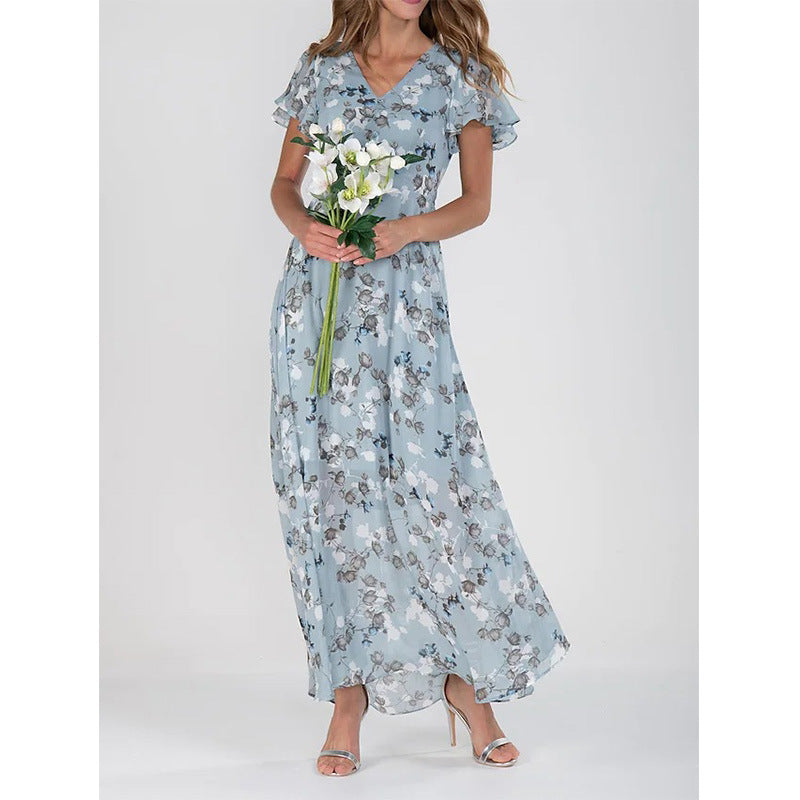 2025 European and American New Style Beach Long Skirt Chiffon Floral Short-Sleeved Ruffled V Neck Fashion Waist Dress