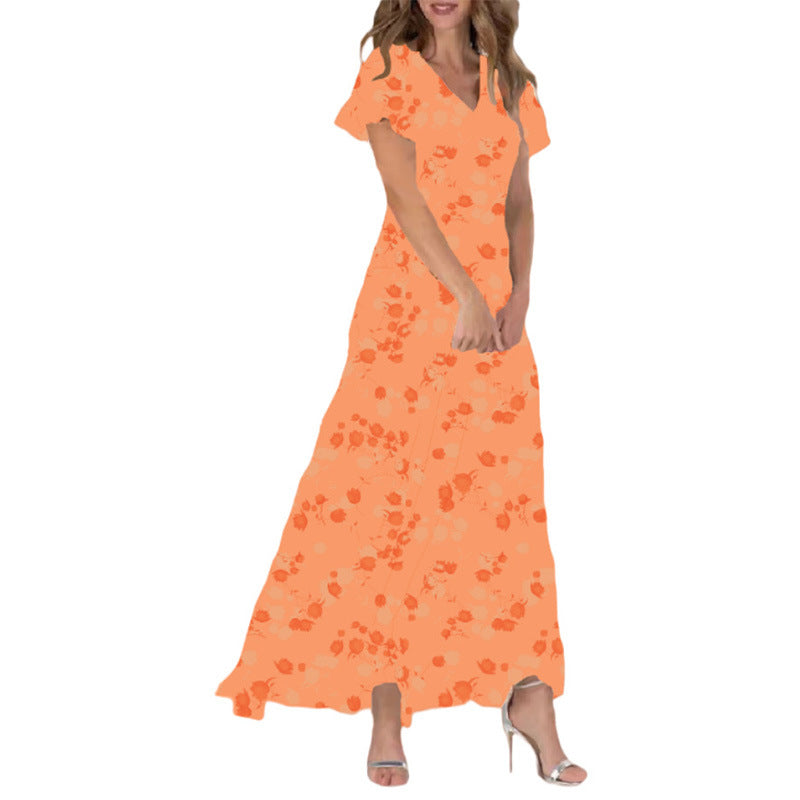 2025 European and American New Style Beach Long Skirt Chiffon Floral Short-Sleeved Ruffled V Neck Fashion Waist Dress