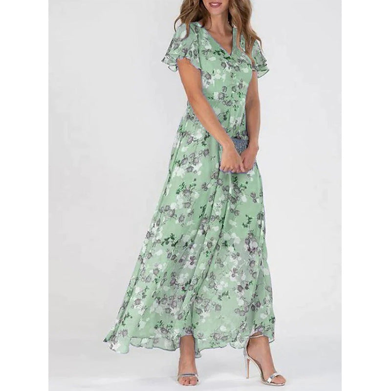 2025 European and American New Style Beach Long Skirt Chiffon Floral Short-Sleeved Ruffled V Neck Fashion Waist Dress