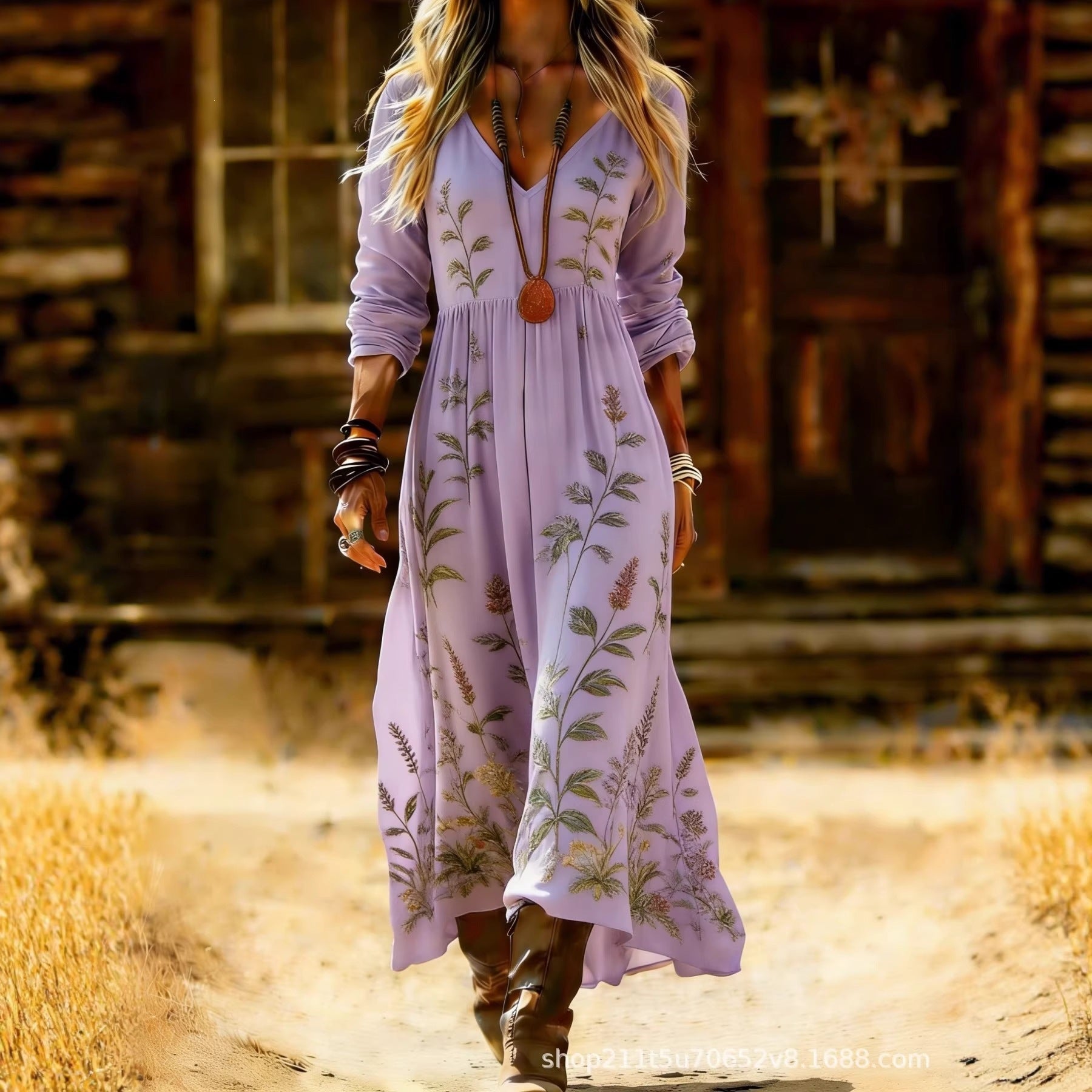 European and American Ethnic Style Long Sleeve New Printed Dress Women's Dress