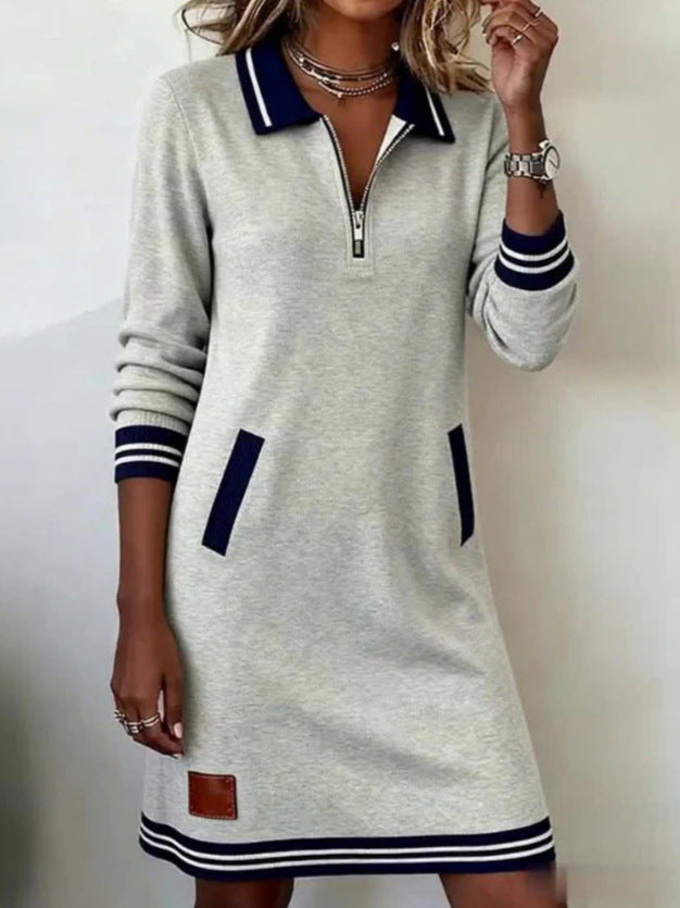 Cross-Border European and American 2025 New Autum Women's Clothing Amazon Fashion Lapel Zipper Long-Sleeved Color-Blocked Flap Pocket Pants Dress